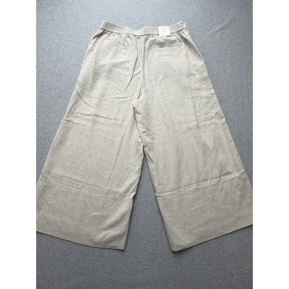 Banana Republic Linen Wide Leg Cropped Pants Womens L Beige Pull On Casual